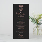 Cartes de menu de mariage à monogramme noir et or  (Debout devant)