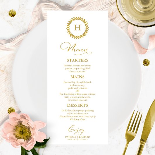 Cartes de menu de mariage à monogramme or