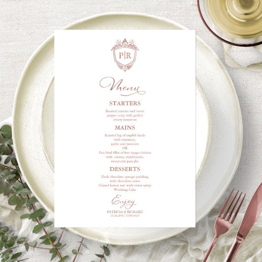 Cartes de menu de mariage à monogramme rose gold s