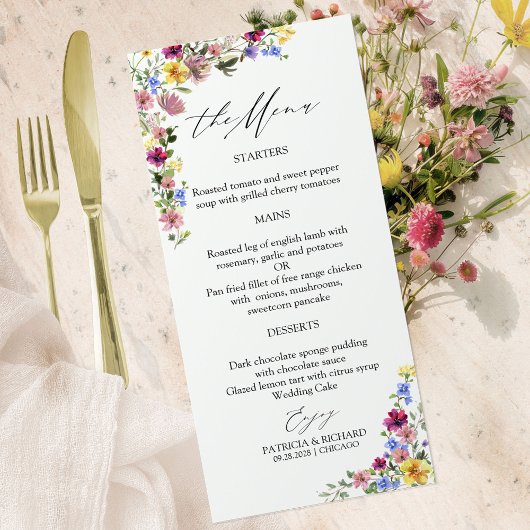 Cartes de menu de mariage aux fleurs sauvages Boho