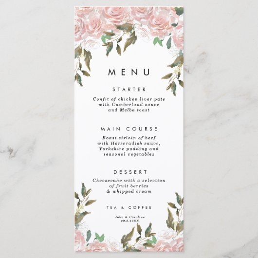 cartes de menu de mariage avec roses roses et verd (Devant)