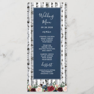Cartes de menu de mariage bleu marine et bordeaux 