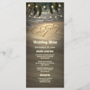 Cartes de menu de mariage Cœurs sur la plage dans