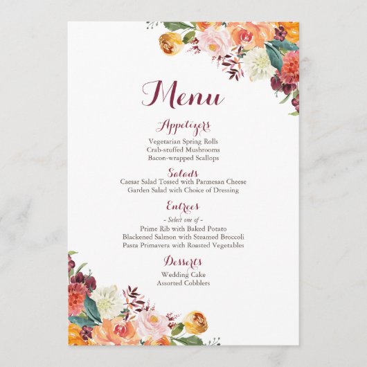 Cartes de menu de mariage de fleur de chute, rouge (Devant)