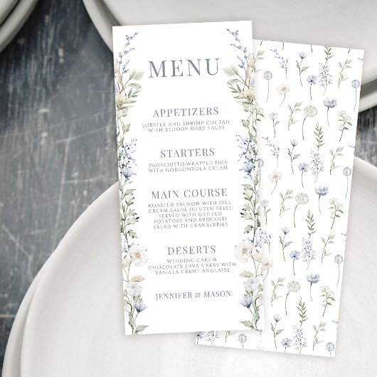 Cartes de menu de mariage du jardin bleu rustique 