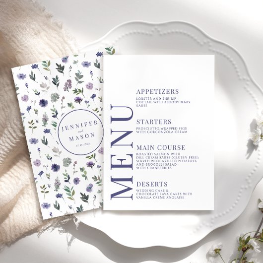 Cartes de menu de mariage élégantes à fleurs viole