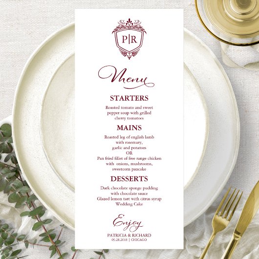 Cartes de menu de mariage élégantes monogramme bor