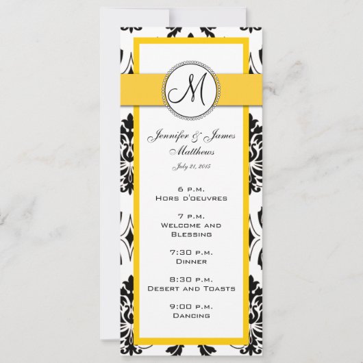 Cartes de menu de mariage en damas noir et jaune (Devant)