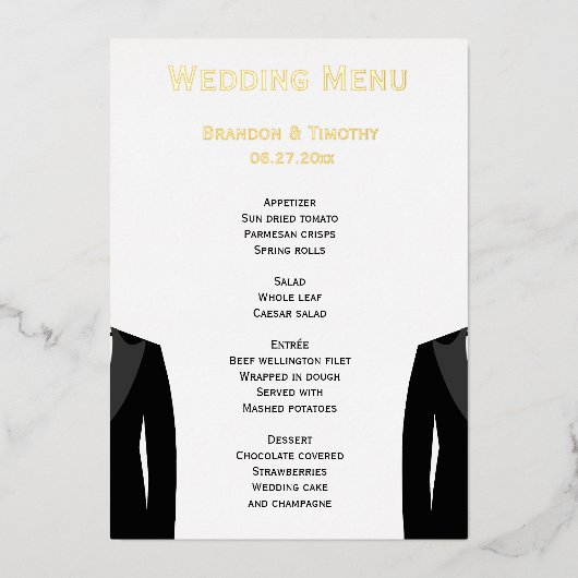 Cartes de menu de mariage gay en papier d'aluminiu (Recto)