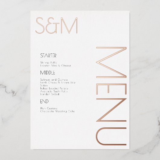 Cartes de menu de mariage initial gras pressé jour (Recto)