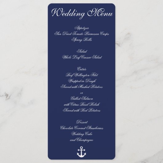 Cartes de menu de mariage nautique bleu marine per (Devant)