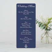Cartes de menu de mariage nautique bleu marine per (Debout devant)