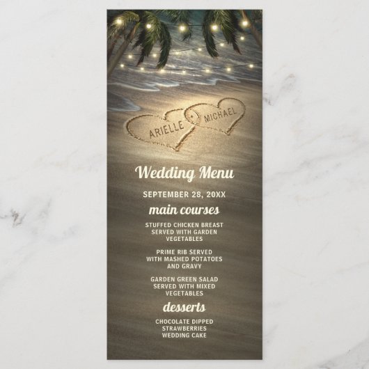 Cartes de Menu de Mariage Plage Rivage Coeurs dans (Devant)