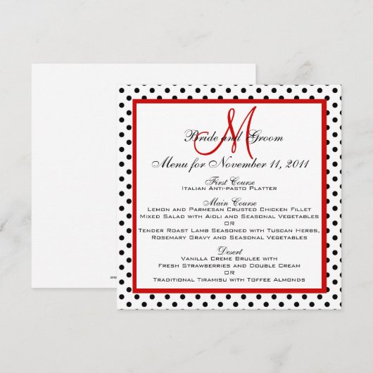 Cartes de Menu de Mariage Points Rouge Monogramme (Devant / Derrière)