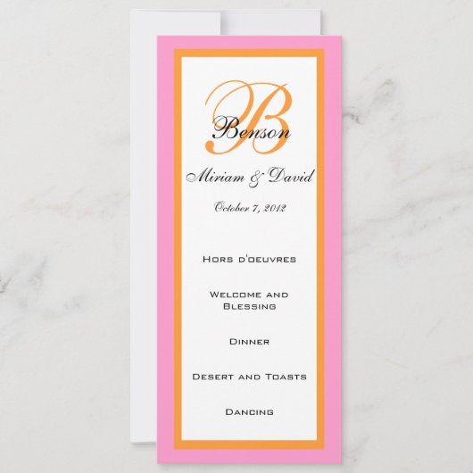 Cartes de menu de mariage rose orange (Devant)
