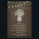 Cartes de menu de mariage rustique au jarres de ma<br><div class="desc">La conception présente un fond à grain de bois à l'aquarelle rustique de campagne avec des guirlandes lumineuses de fées élégantes. Le modèle présente également un pot Mason rempli de baby's breath. Vous pouvez changer les initiales de démo sur le pot avec les vôtres.</div>