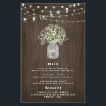 Cartes de menu de mariage rustique au jarres de ma<br><div class="desc">La conception présente un fond à grain de bois à l'aquarelle rustique de campagne avec des guirlandes lumineuses de fées élégantes. Le modèle présente également un pot Mason rempli de baby's breath. Vous pouvez changer les initiales de démo sur le pot avec les vôtres.</div>
