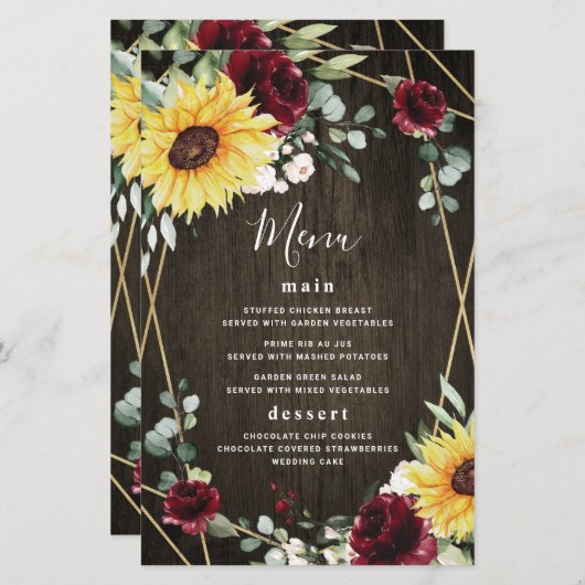 Cartes de menu de mariage rustique avec tournesols (Devant / Derrière)