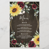 Cartes de menu de mariage rustique avec tournesols (Devant)