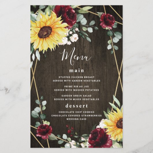 Cartes de menu de mariage rustique avec tournesols (Devant)