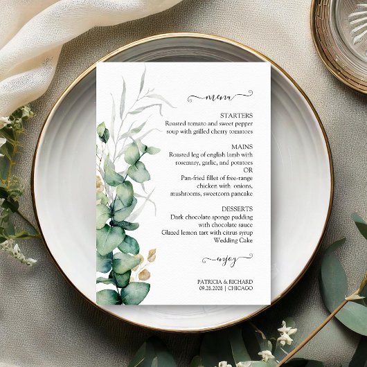Cartes de menu de mariage Rustique Chic Eucalyptus
