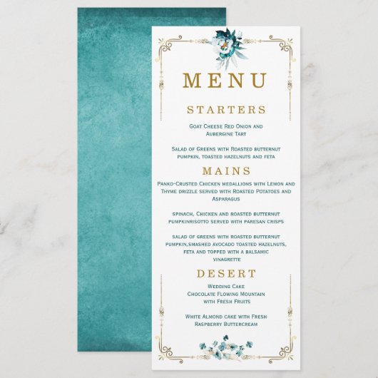 Cartes de menu de mariage sarcelle et or (Devant / Derrière)