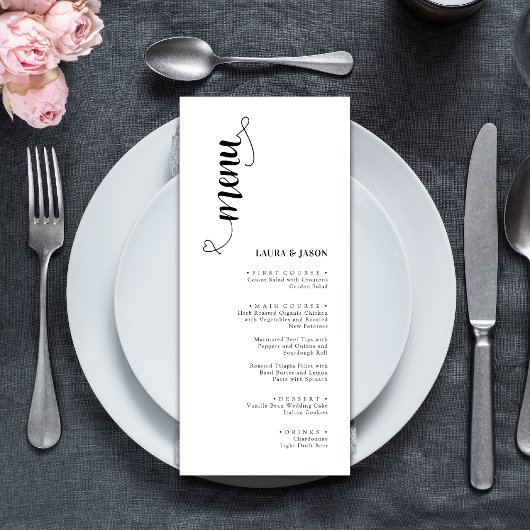 Cartes de menu de mariage simples noir et blanc