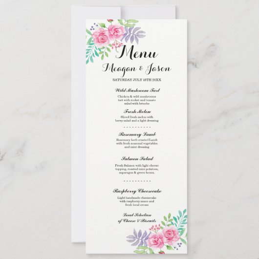 Cartes de menu de réception de mariage élégant flo (Devant)