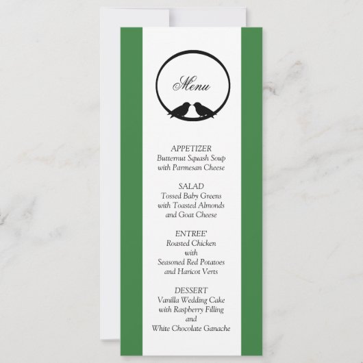 Cartes de menu de réception de mariage Lovebirds (Devant)