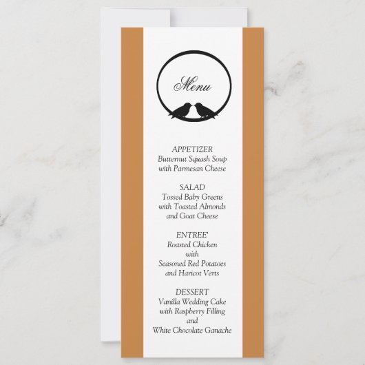Cartes de menu de réception de mariage Lovebirds (Devant)