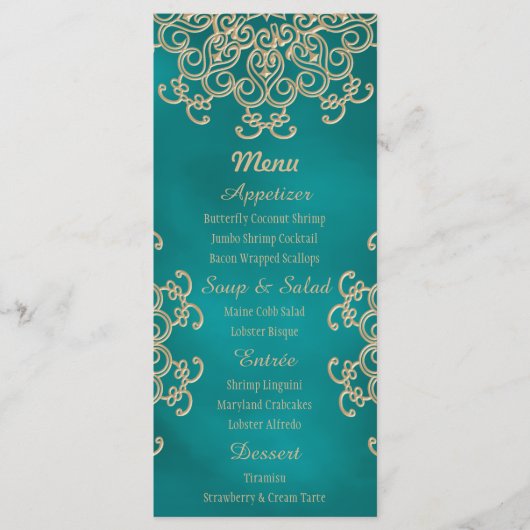 Cartes de menu de style indien turquoise et or (Devant)