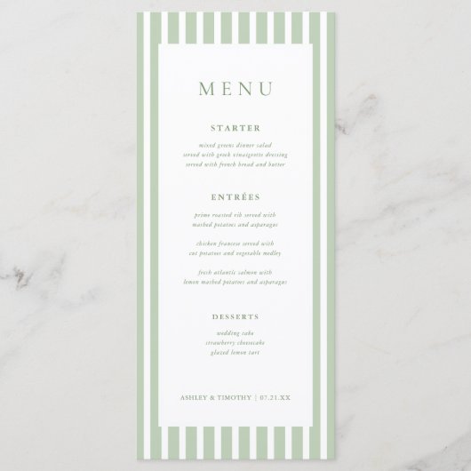 Cartes de menu de table de mariage à rayures vert (Devant)