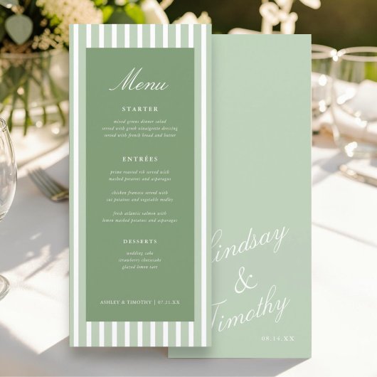 Cartes de menu de table de mariage rayées vert rét