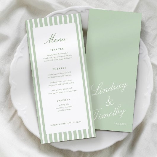 Cartes de menu de table de mariage rayées vert sau