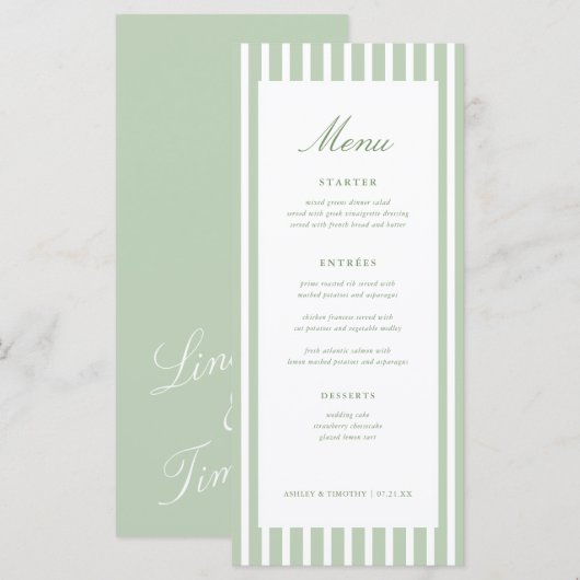 Cartes de menu de table de mariage rayées vert sau (Devant / Derrière)
