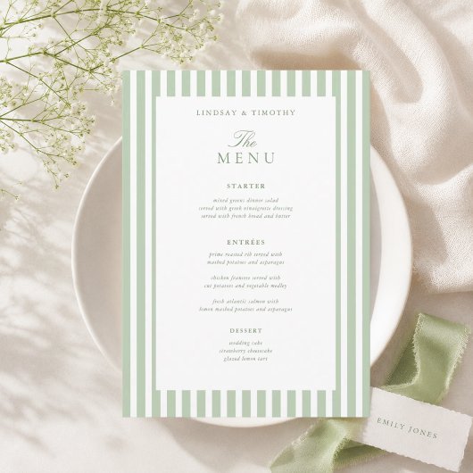 Cartes de menu de table de mariage vert classique