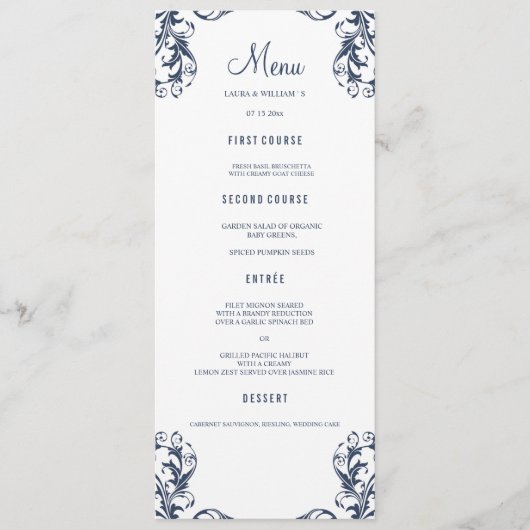 Cartes de menu du dîner mariage | Style bleu marin (Devant)