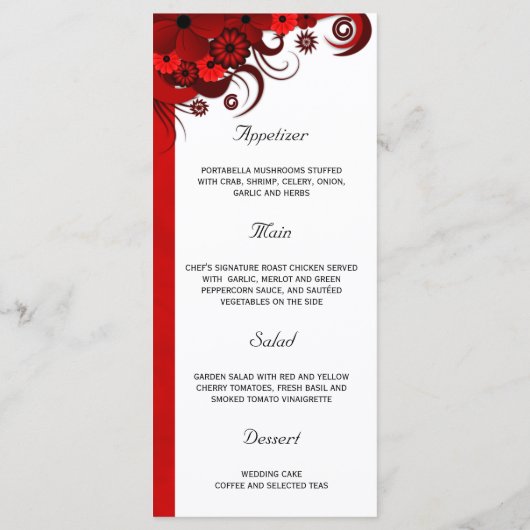 Cartes de menu du Mariage à fleurs rouges et blanc (Dos)