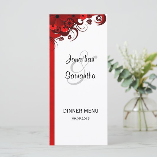 Cartes de menu du Mariage à fleurs rouges et blanc (Debout devant)