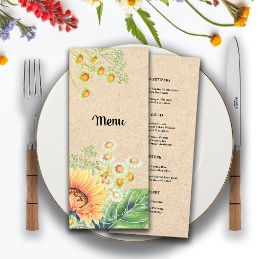Cartes de menu du Mariage de tournesols rustiques