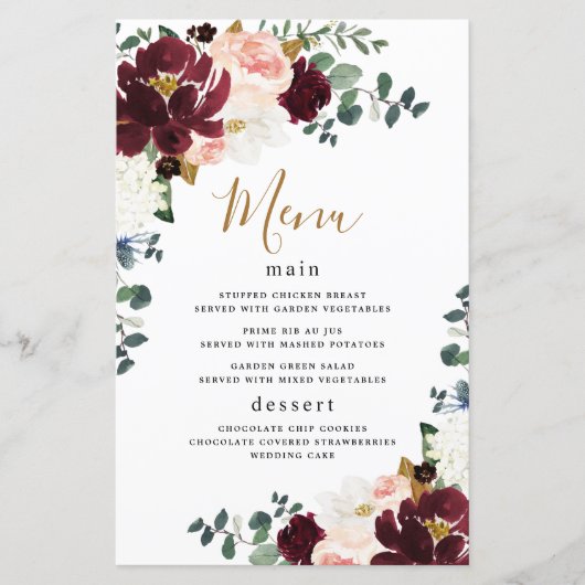 Cartes de menu du Mariage d'or rose rouge Bourgogn (Devant)