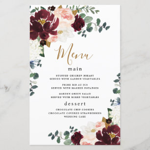 Cartes de menu du Mariage d'or rose rouge Bourgogn