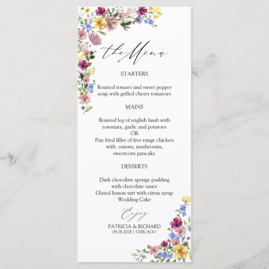 Cartes de menu du Mariage Fleur sauvage Boho (Devant)