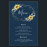 Cartes de menu du Mariage géométrique bleu de la S<br><div class="desc">Le design présente une verdure aquarelle,  des tournesols,  des éléments en or imprimé et des feuilles botaniques aérés sur un cadre géométrique imprimé couleur or. Le fond est assorti d'une verdure et d'une couronne de tournesol. Les deux côtés présentent un arrière - plan bleu marine très foncé.</div>