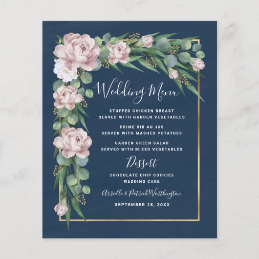 Cartes de menu du Mariage Rose or bleu bleu rose m (Devant)