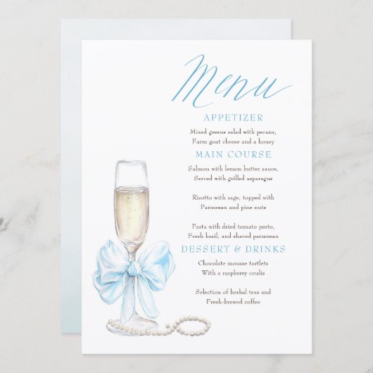 Cartes de menu fantaisie Perles et Prosecco (Devant / Derrière)