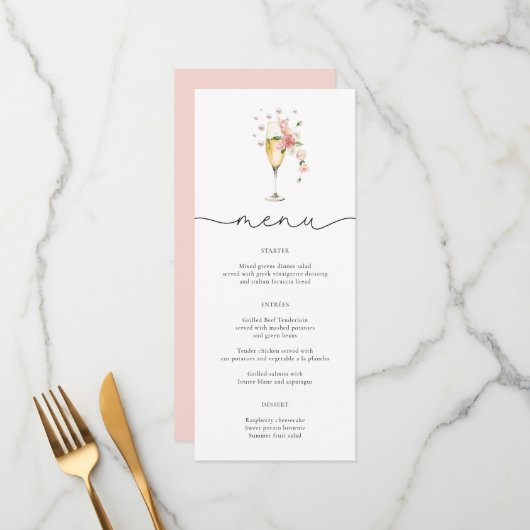 Cartes de menu Fleur sauvage Blush Pink Pearls & P (Devant/Arrière en situation)