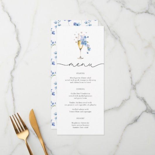 Cartes de menu Fleur sauvage Dusty Blue Pearls & P (Devant/Arrière en situation)