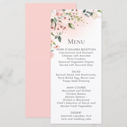 Cartes de menu Fleurs Rose Pêche Blanc (Devant / Derrière)