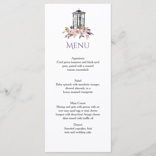 Cartes de menu florales de la lanterne de fer rust (Devant)